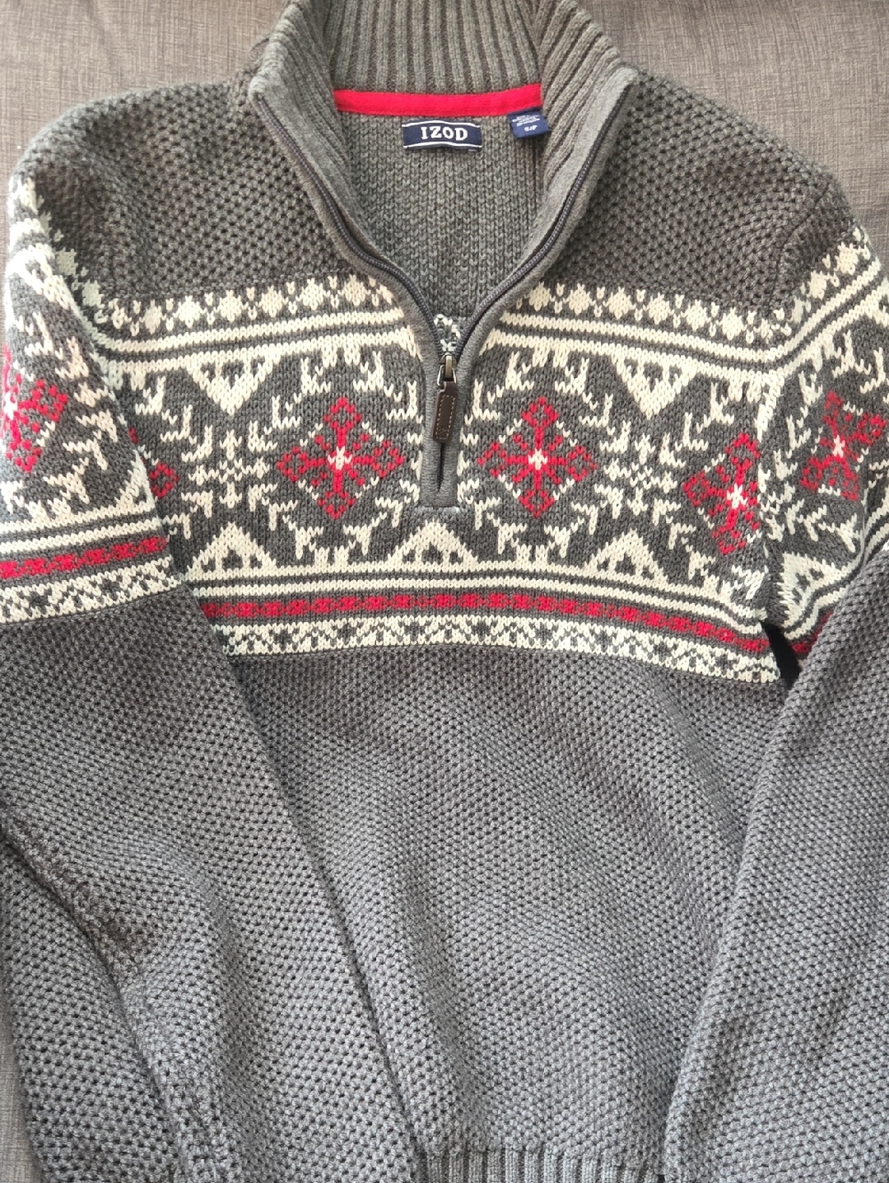 Izod Men's Grey Half-Zip Sweater with Red and Cream Fair Isle Pattern
